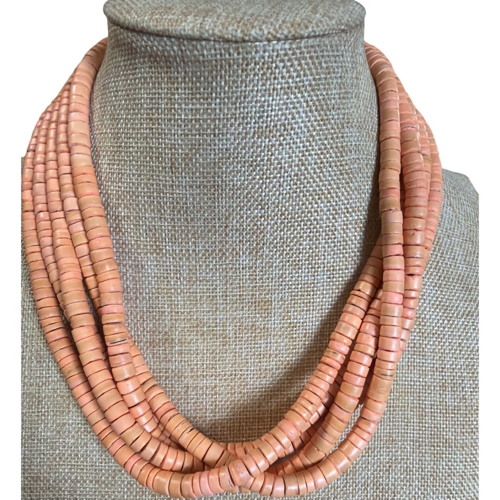 Vintage Salmon Pink Multi Strand Beaded Statement Necklace Coral Tone Boho Gift